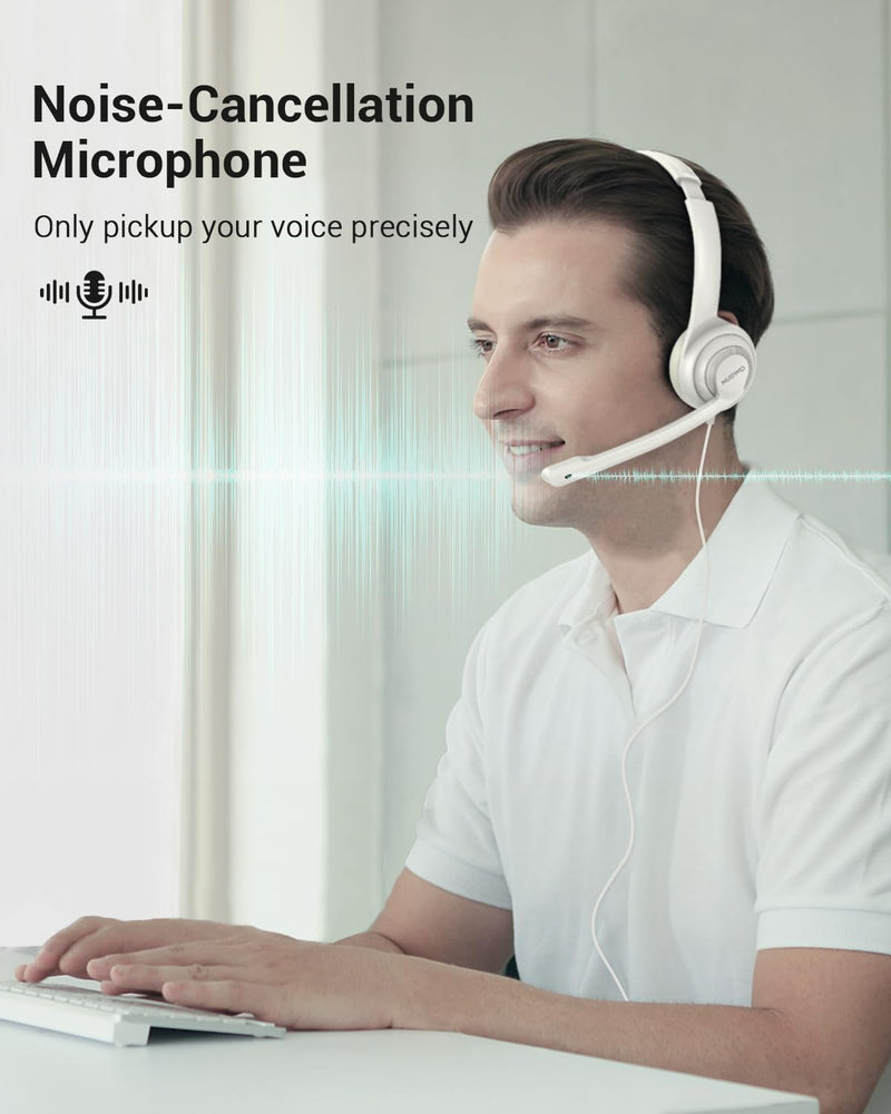HW02 USB Headset with Microphone Noise Cancelling &in-line Control, Super Light, Ultra Comfort Computer Headset for Laptop pc, On-Ear Wired Office Call Center Headset for Boom Skype Webinars（White） White 3.5+USB