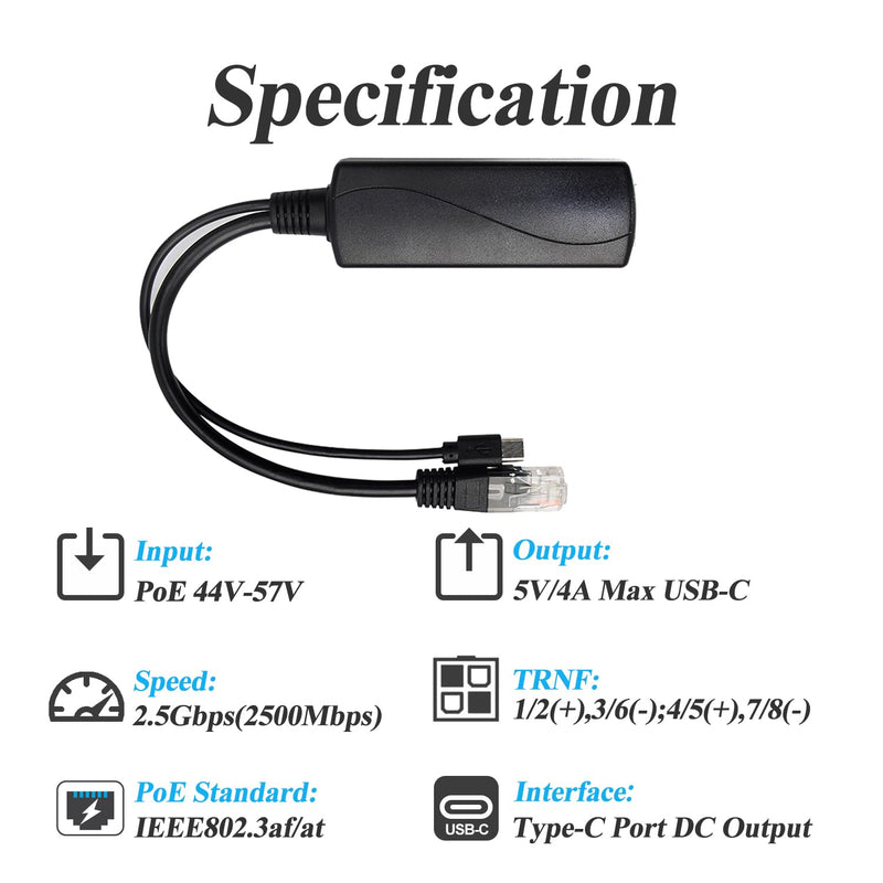 2.5G Type C PoE Splitter 5V/4A, 48V PoE to USB-C 5V/4A 20W Output, 2.5Gbps Ethernet Comply IEEE802.3af/at, Plug and Play for Smart Home/Pi 4B/4B+ (TYPEC0504G) TYPEC0504G-X TYPE-C 5V/4A