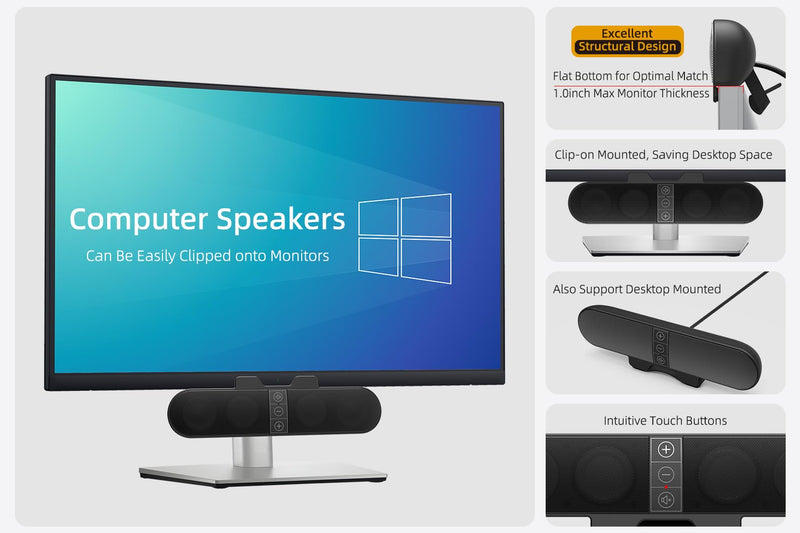 Computer Speakers for Desktop PC Monitor, USB Plug-in, Wired, Computer Soundbar for PC, Laptop Speakers with Adaptive-Channel-Switching, Loud Sound, Deep Bass, USB C Adapter, Easy to Clip on Monitor