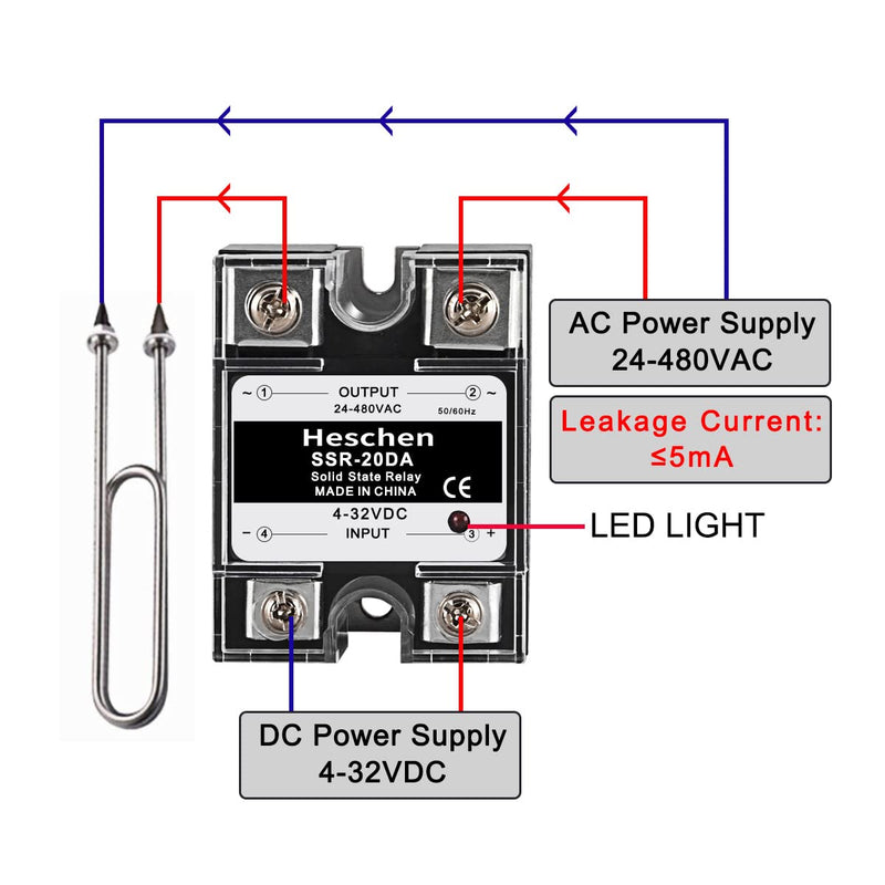 Heschen Single Phase DC/AC Solid State Relay SSR-20DA Input 4-32VDC Output 24-480VAC 20A 50-60Hz