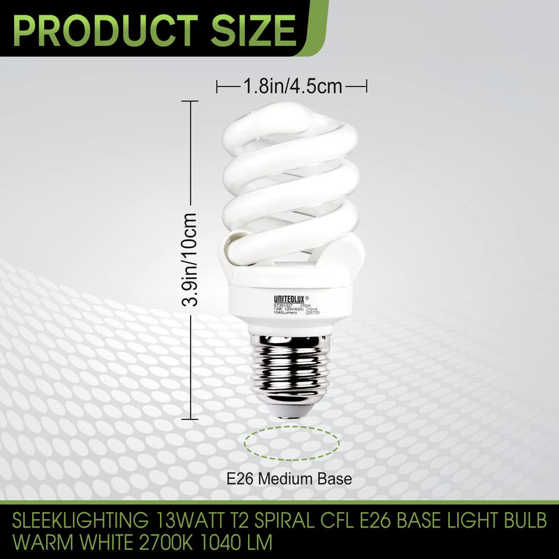 E26 Spiral CFL Light Bulbs Medium Base 13Watt (60Watt Equivalent) Soft White 2700K, 1040Lm Non-dimmable Compact Fluorescent Light, (16 Pack) 16