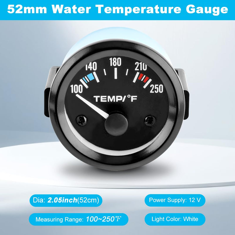 2" 52mm Water Temp Gauge, 100-250℉ Water Temp Thermometer Meter Kit Car Accessories Car Water Temp Gauge Meter with LED Backlight for Marine Boat, Ship, Car, Truck, Vehicle, Automotive(Black) Black