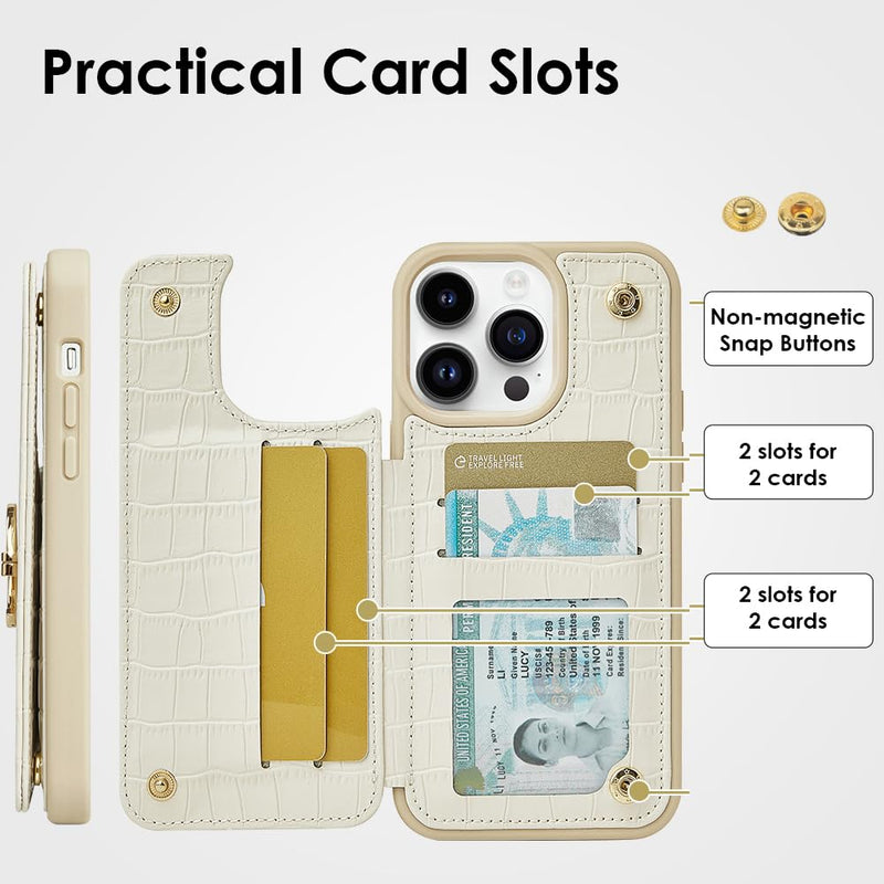 CUSTYPE for iPhone 14 Pro Max case Wallet with Card Holder, 180° Rotation Ring Holder Stand Card Slots Case, Leather Double Snap Cover with Wallet for Women and Men 6.7 "-Beige iPhone 14 Pro Max 6.7" Beige
