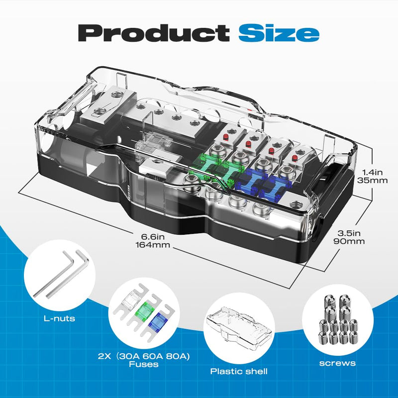 Fused Distribution Block 4Way MIDI (Mini-ANL) Distribution Block Car Audio 12V 0/4 Gauge Fuse Distribution Block with Ground for Auto Boat UTV Stereo Amp
