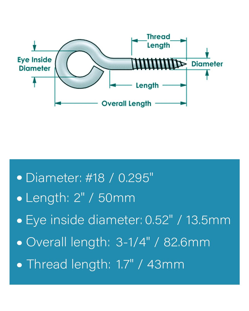 20 Pcs 3-1/4" (3.25 Inch) Screw Eyes, 304 Stainless Steel - #18 Black Eye Bolt Screws, Heavy Duty Anti-Rust Self Tapping Eye Lag Screws for Wood, Indoor & Outdoor Use | by IMSCREWS 0.236" x 1.00" x 3.3" 20