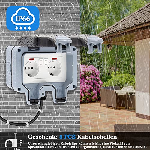 Outdoor Socket Waterproof IP66 2-Way with Switch and Indicator Light | Surface-mounted wall socket 16 A earthing contact garden socket with hinged lid for garage patio wet room outdoor Double socket with switch