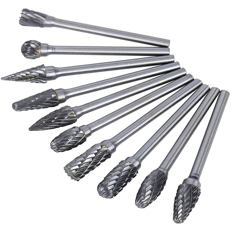Double Cut Carbide Burrs, 10pcs Tungsten Carbide Rotary Burr Set with 3mm Shank 6mm Grinding Head for Wood & Stone Carving, Steel Metalworking
