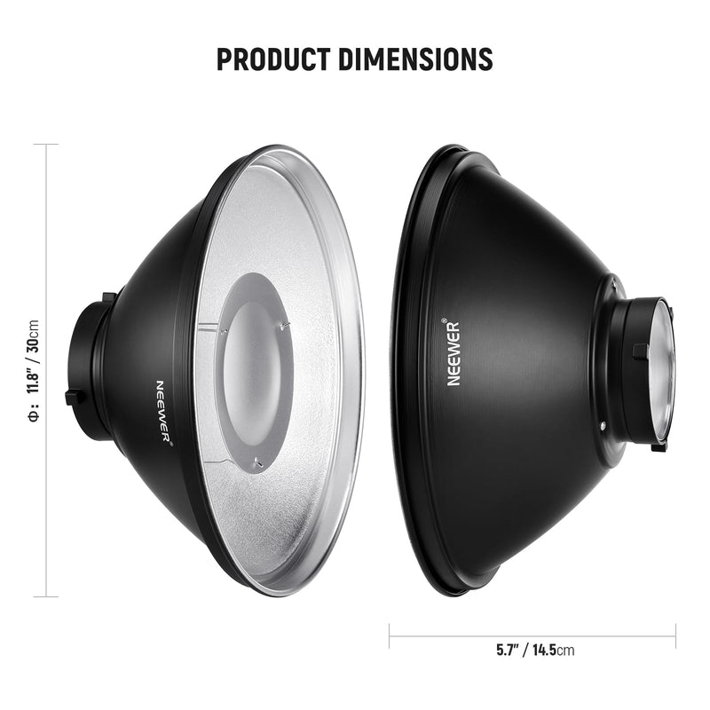 NEEWER 12"/30cm Metal Beauty Dish Bowens Mount Reflector Kit with White Diffuser Sock, Honeycomb Grid for Strobe Flash Video Light Compatible with Godox AD600 NEEWER CB60 Q4 Vision 4 S101 Series, LD30