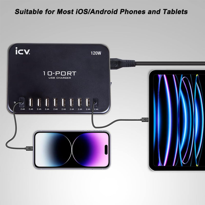 icv 120W USB Charging Station 10 Port Multi USB Desktop Charging Hub 5V 2.4A Wall Fast Charger for iPhone 14 13 12 11 Samsung Galaxy S21 S20, Black