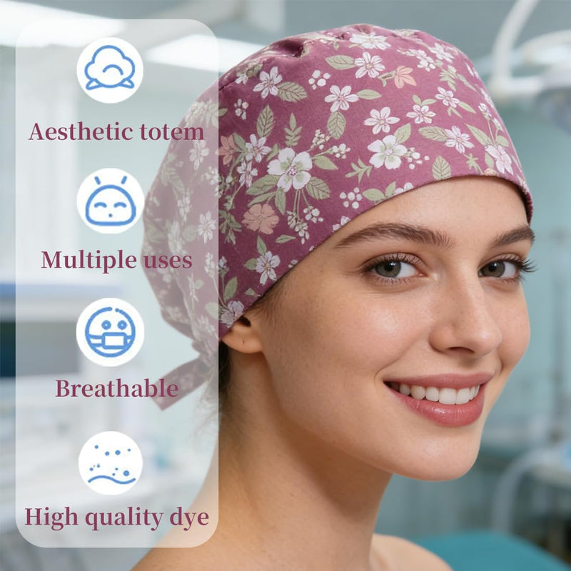 Nurse Headwear, 1 Pink Surgical Cap for Women, Adjustable Cotton Pattern Fabric Bonnet, Unisex Dust Hood