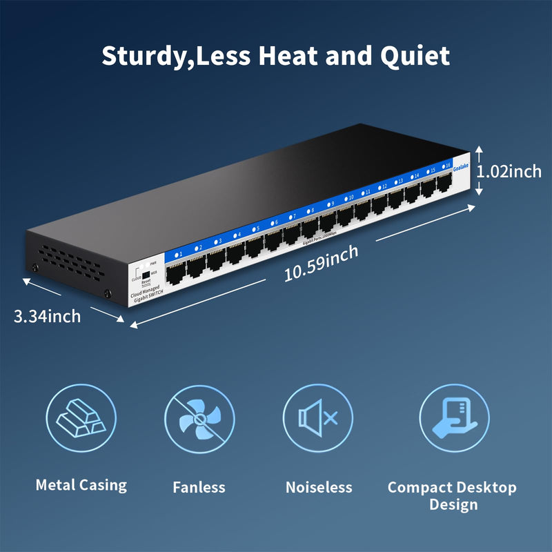 16 Port Gigabit Switch, Easy Smart Managed Ethernet Switch, Network Hub, Ethernet Splitter, Plug & Play, Fanless Metal Design, VLAN, Qos, Desktop or Wall Mount 16 Gigabit Ports|Easy Managed