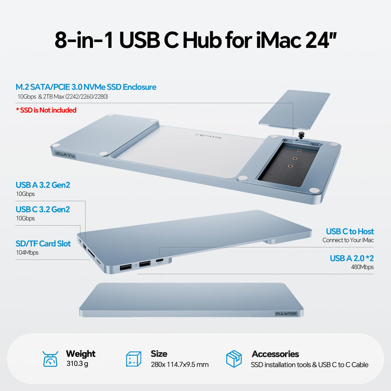 USB C Hub for iMac 24 inch 2021 2023 2024, 8 in 1 iMac USB Hub with M.2 SSD Expansion (SSD Not Included), USB A/C 3.2 10Gbps, 2 USB A 2.0, SD/TF, iMacM1 M3 M4 Slim Dock Accessories