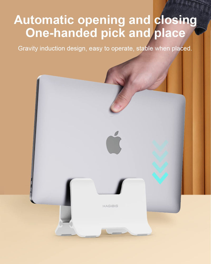 Hagibis Vertical Laptop Stand Desktop for Desk Gravity Locking Holder Dock Save Space Improves Airflow for MacBook Pro, Mac Mini, Surface, HP, Dell, Chrome Book (White ABS) White ABS