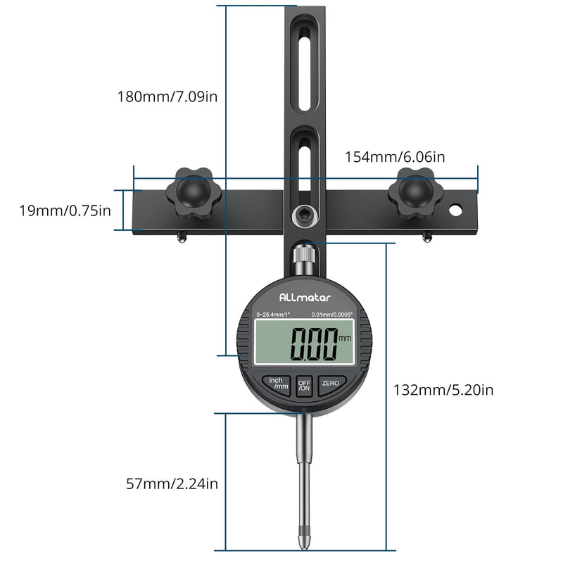 Table Saw Alignment Tool with Digital Dial Indicator,0.0005" Precision Calibration Gauge for Blade,Fence & Arbor Runout,Fast Setup CNC Aluminum Design,Fits Standard 3/4" (19mm) Miter Slots Black 0-1 Inch