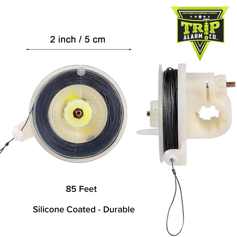 Trip Wire Reel and Trip Alarm Bundle Set - 12 Gauge Quad 3.0-85 ft Kevlar Reusable 50 lb Reels - Perimeter Defense Device 360° Coverage Warning Security for Camping Safety 4 Pack Reel Camo