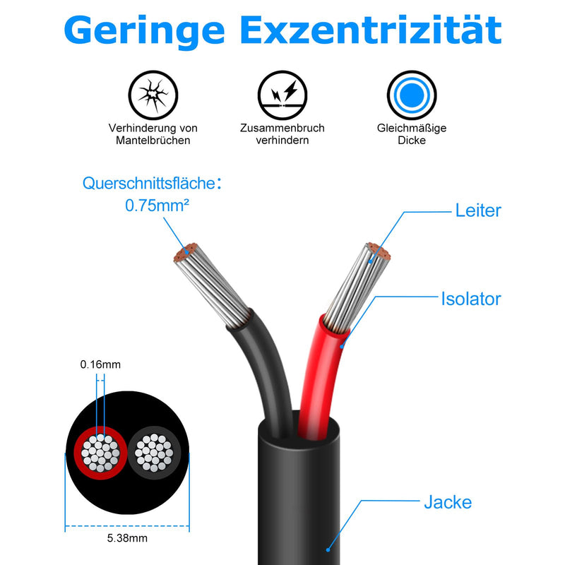 10 meters 18AWG 2x0.75mm² electrical wire, 2 core cable 5V/12V/24V power cable tinned copper cable, flexible and soft low impedance high temperature resistance extension cable 10 meters 18AWG-2C (2x0.75mm²)