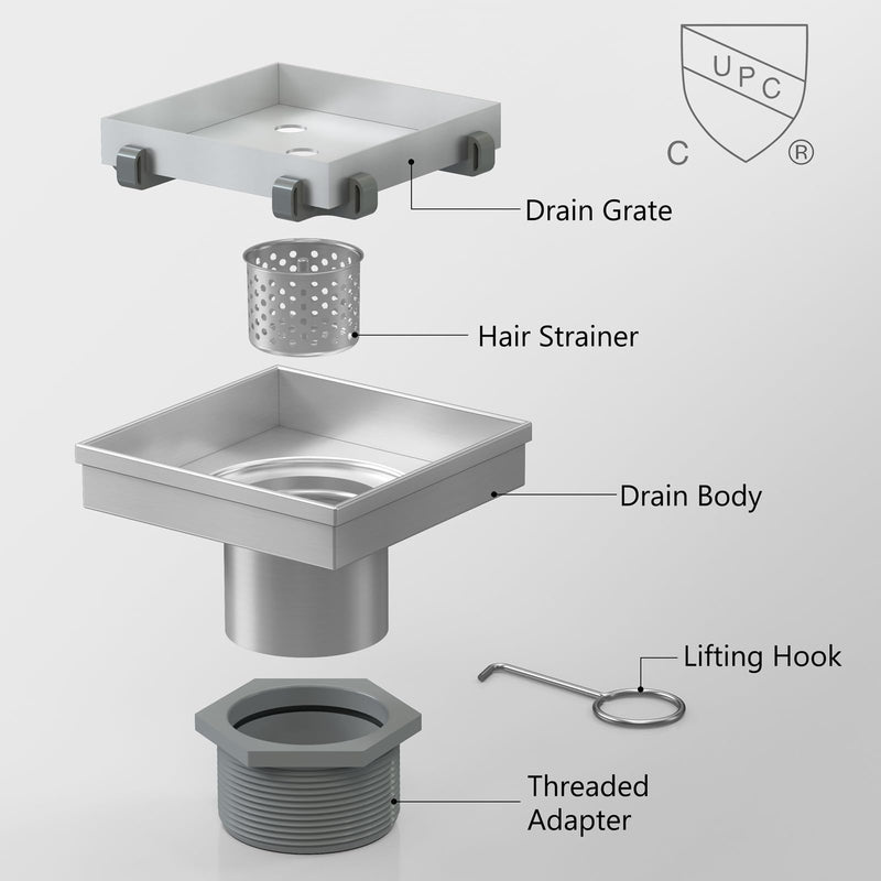 Sharpeye 4 Inch Square Shower Drain with Removable Tile Insert Grate, Brushed 304 Stainless Steel Square Shower Floor Drain, Includes Hair Strainer, CUPC Certified Brushed Stainless Steel