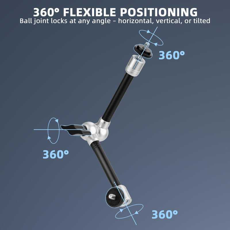 BRDRC Magic Arm Clamp Mount, 9.8" Articulating Extension Arm with 1/4" and 3/8" Thread, with Cold Hot Shoe Adapter, Phone Holder for Tripod DSLR Camera Cage LCD Monitor LED Light Accessories