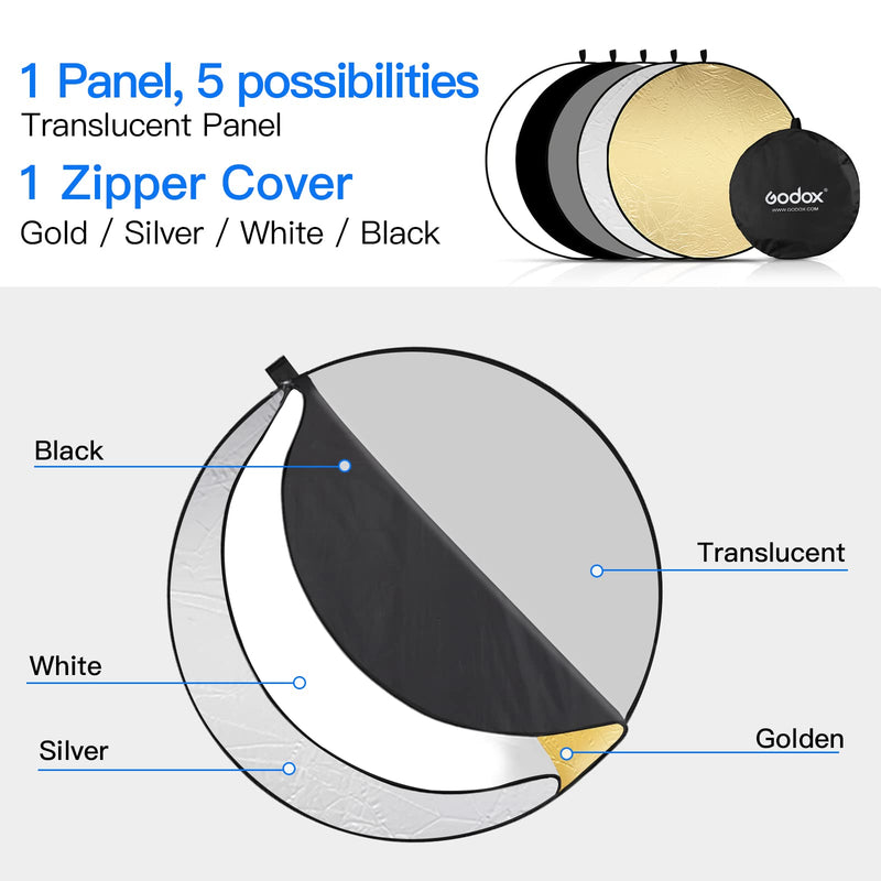 Godox 43”/110cm Light Reflector Diffuser,5-in-1 Portable Collapsible Round Multi Disc with Holder Clip & Bag for Studio Shooting,Video Location,Portrait Photography-Gold,Silver,White,Black,Translucent 110cm