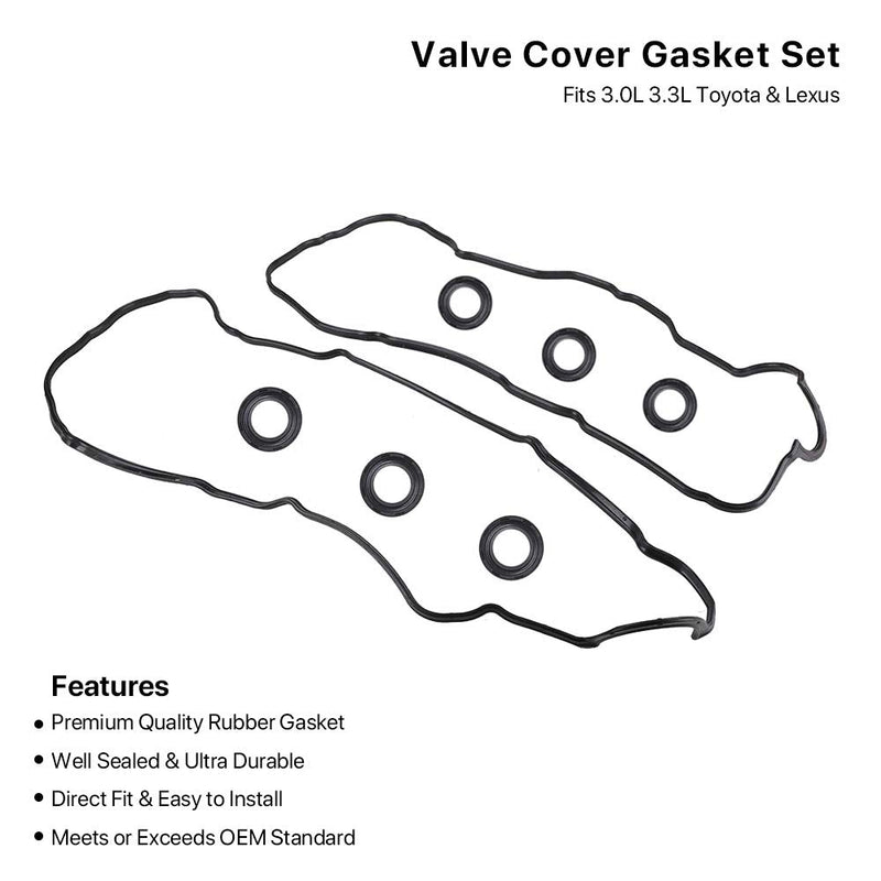 Valve Cover Gasket Set - Compatible with 3.0L 3.3L Toyota Camry, Avalon, Sienna, Highlander, Solara, Lexus ES300, ES330, RX300, RX330, RX400h - Replace VS50588R, VS50515R, 11214-0A010, 11213-0A010