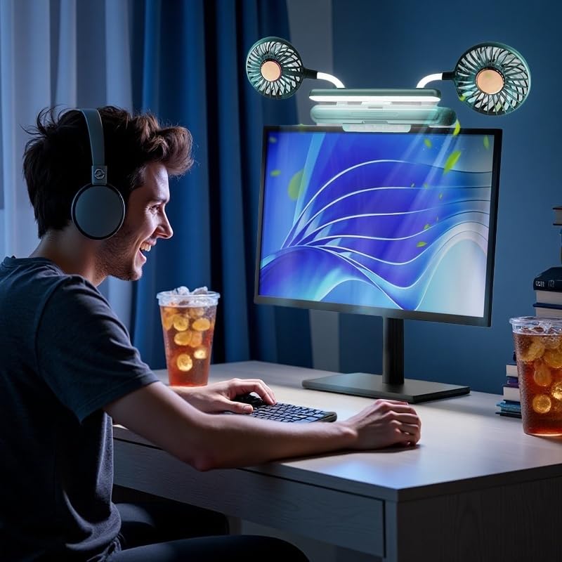 Reading stand Lamp Light Bar with Fan Two-Head Personal Cooling Quiet USB Fan Flip-Open light, Level 3 brightness light, 3 Wind Speed for Working/Self Broadcasting (Forest Green) Forest Green