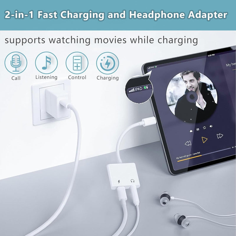 [MFi Certified] 2Pack iPhone 15 Headphone Adapter,2 in 1 USB C to 3.5mm Aux Audio Dongle +Charge Splitter Headphone Accessories Compatible with iPhone15/15Plus/15Pro/15Pro Max/Samsung Galaxy/Google White