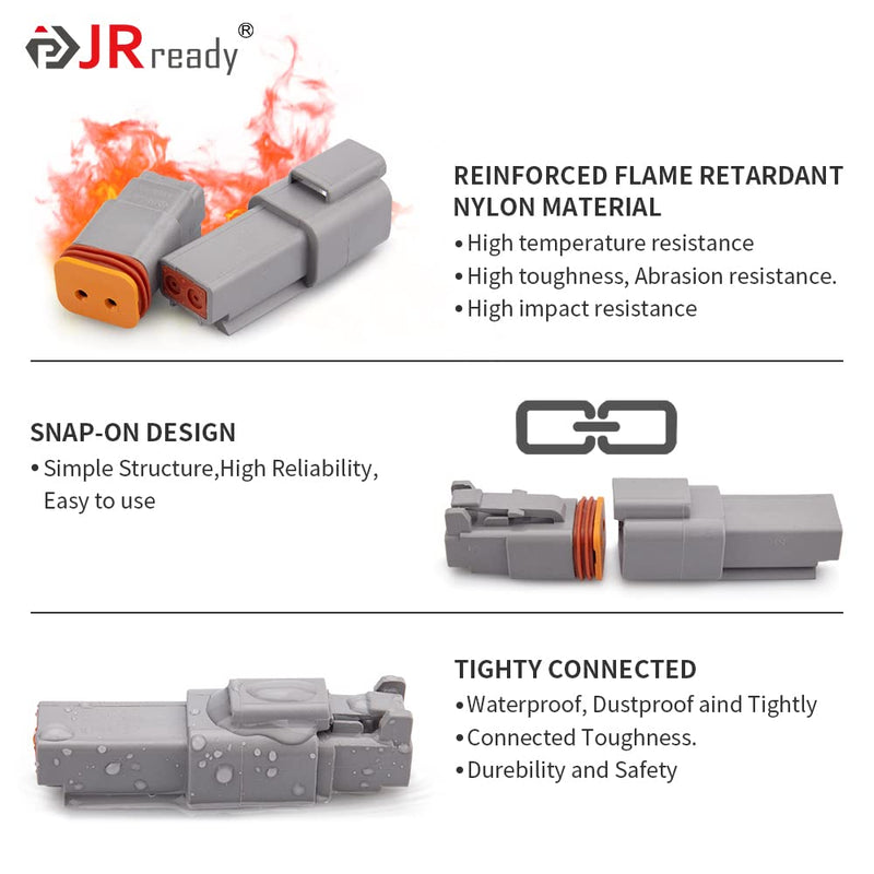 JRready ST6327-2 Deutsch 2 Pin DT Connector Kit, Gray Waterproof DT Connector 2 Pin(5 Set), Size 16 Stamped Contacts, Seal Plugs for Car, Truck, Motorcycle, Off-Road Vehicles, Marine. 2Pin 5Pair