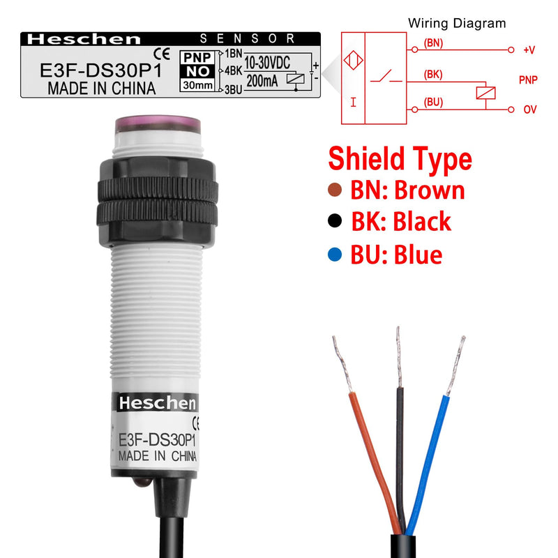 Heschen M18 Column Infrared Photoelectric Proximity Switch, Diffuse Reflection Type, E3F-DS30P1, Detection Distance 10-30cm, 10-30VDC 200mA, PNP Normally Open (NO), 3 Wires