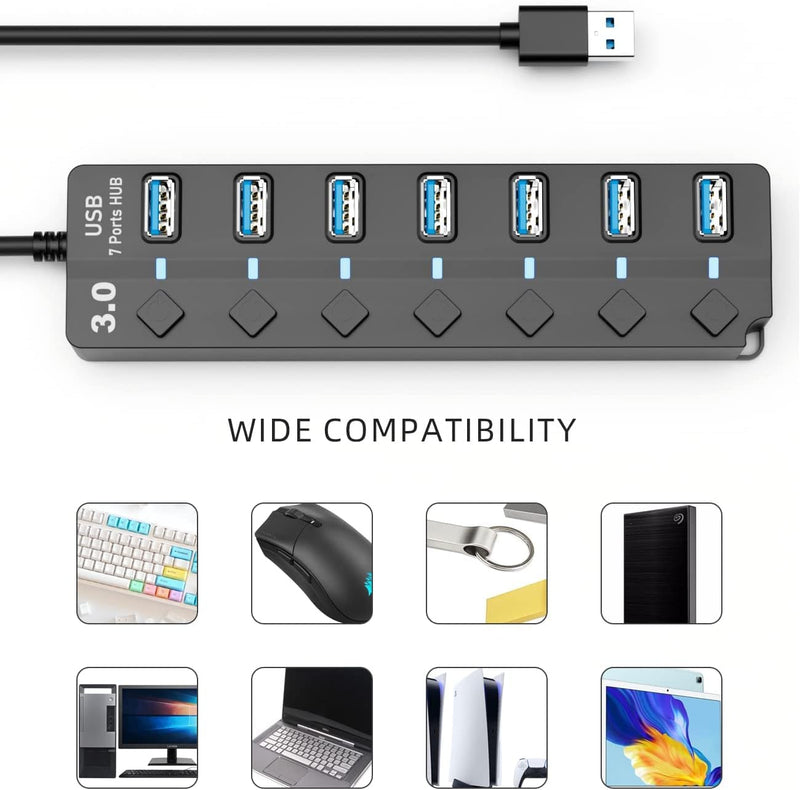 USB 3.0 Hub, 7-Port with Individual On/Off Switches & LED Indicators, 5Gbps High-Speed Data Hub for Laptop, PC, MacBook, Surface Pro, PS5, HDD, Flash Drive (4ft Cable)