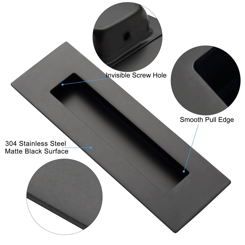 Malimali Recessed Finger Flush Pulls - 6 Inch Matte Black Stainless Steel Rectangular Door Pull Hardware (4 Pack) for Pocket, Closet Sliding and Barn Door Stainless Steel Black (4 Pack)
