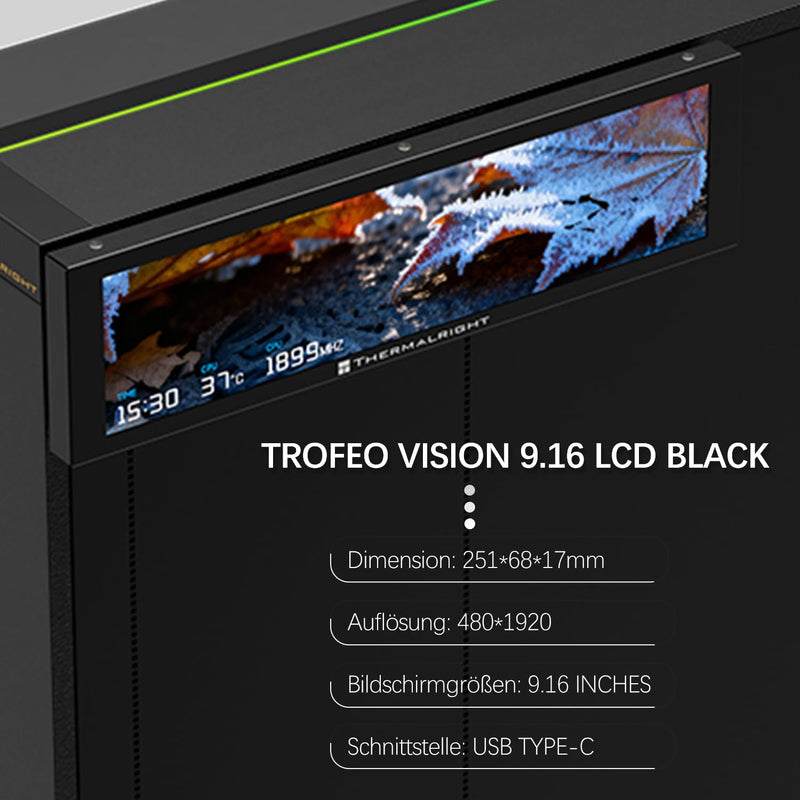 TR Thermalright Trofeo Vision 9.16 LCD Black IPS 9.16 Inch Display Screen 1920×480 Resolution - Can be Attached to Case or CPU Cooler, DIY Dynamic Images/Videos, Black