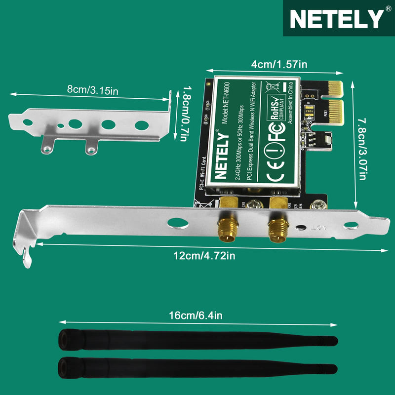 NETELY Wireless N Dual Band 600Mbps 2-Stream PCIE WiFi Adapter for Desktop PCs, PCIE WiFi Card, 2.4GHz 300Mbps and 5GHz 300Mbps, Qualcomm Atheros Wireless Network Adapter(NET-N600)