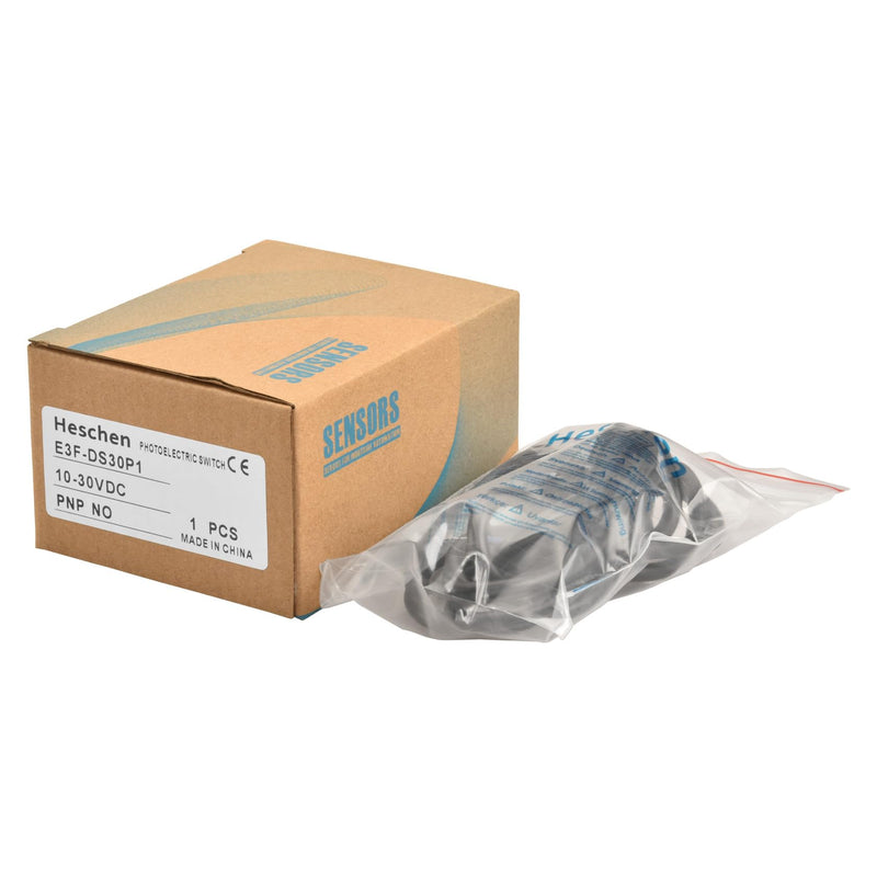 Heschen M18 Column Infrared Photoelectric Proximity Switch, Diffuse Reflection Type, E3F-DS30P1, Detection Distance 10-30cm, 10-30VDC 200mA, PNP Normally Open (NO), 3 Wires