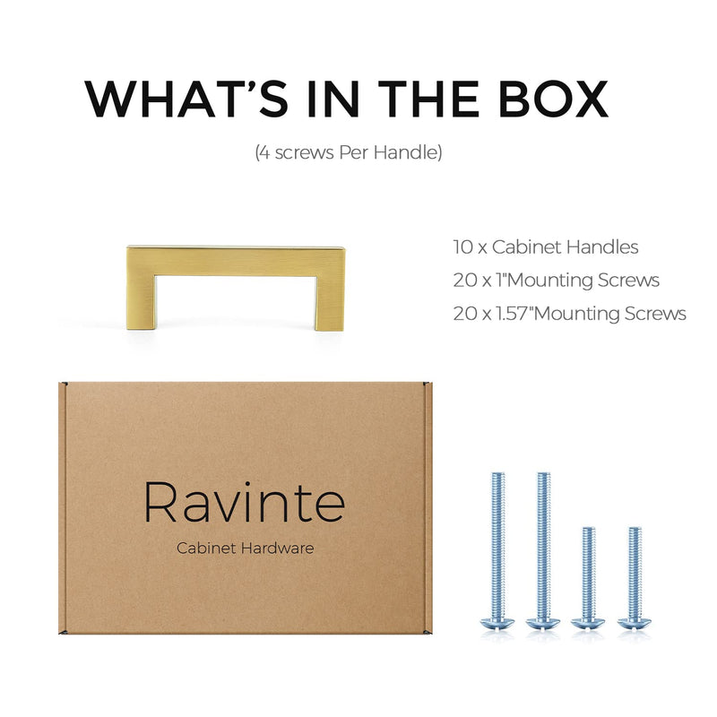 Ravinte 10 Pack 3 Inch Square Cabinet Handles, Brushed Brass Finish, Stainless Steel Kitchen Hardware Pulls with 3" (76mm) Hole Center for Cabinets, Gold 3 Inch Hole Center