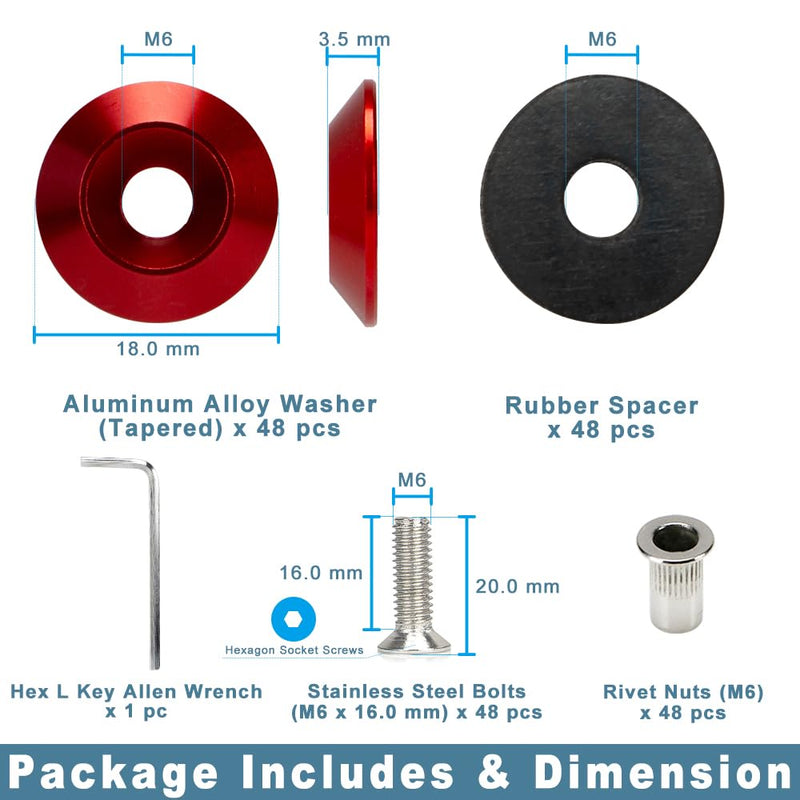 M6 18mm Red Tapered Aluminum Washer Bolt Kit for Widebody Fender Flares | 48-set · engine bay dress-up · bumpers · mud flaps · 3.5mm thick · bolts + rivet nuts · rubber spacers · CNC machined