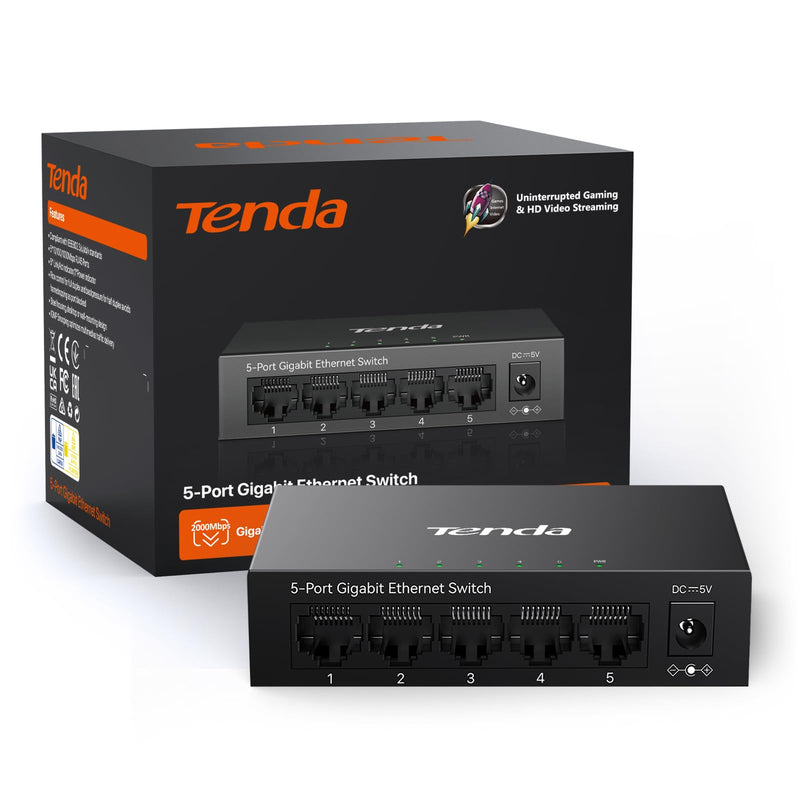 Tenda TEG1005D 5 Port Gigabit Switch, Unmanaged Ethernet Switch, Network Splitter with Traffic Optimization, Plug & Play, Fanless Metal Design Network Switch,IGMP,QoS (Black) TEG1005D-V4.0