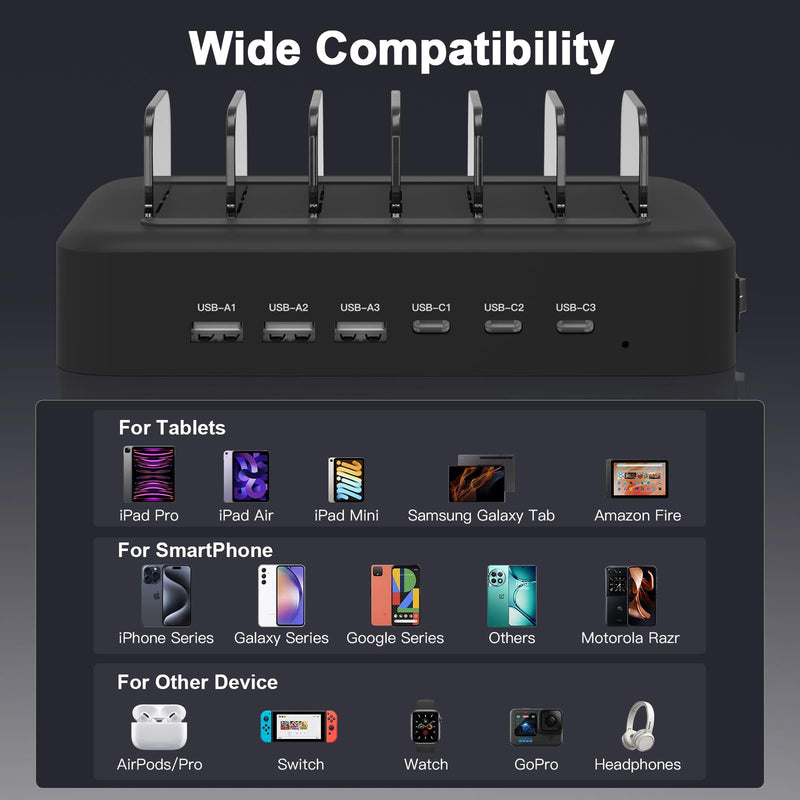MSTJRY 90W 6-Port USB C Fast Charging Station for Multiple Devices, Multi PD Charger Station for iPhone iPad Tablet Phone, Charging Dock Organizer with Adjustable Dividers for Home Office Classroom black