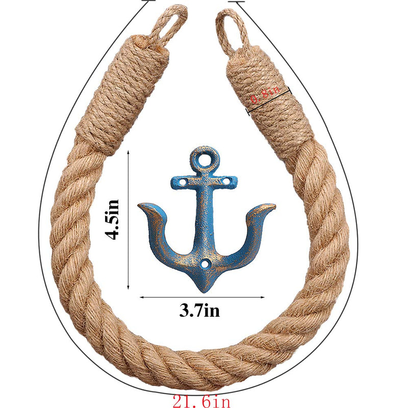 2 Pcs Nautical Rope Toilet Paper Holder Wall-Mounted Towel Ring Nautical Toilet Paper Holder with Metal Hooks Coastal Towel Rack Natural Antique Rope （Blue+Blue） Blue+blue