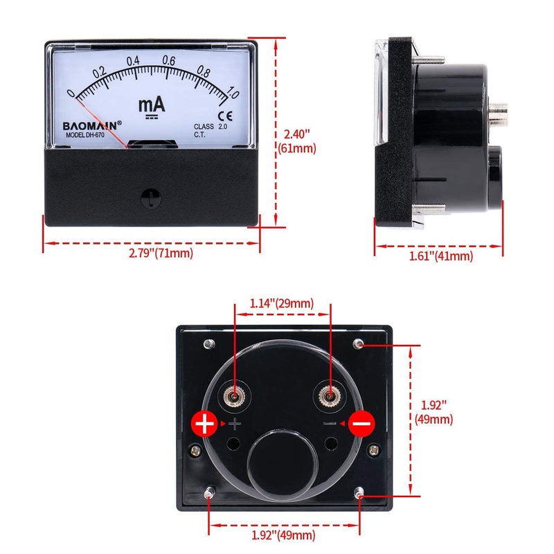 Baomain Ammeter DH-670 DC 0-1 mA Rectangular Ampere Needle Panel Meter Gauge Amperemeter