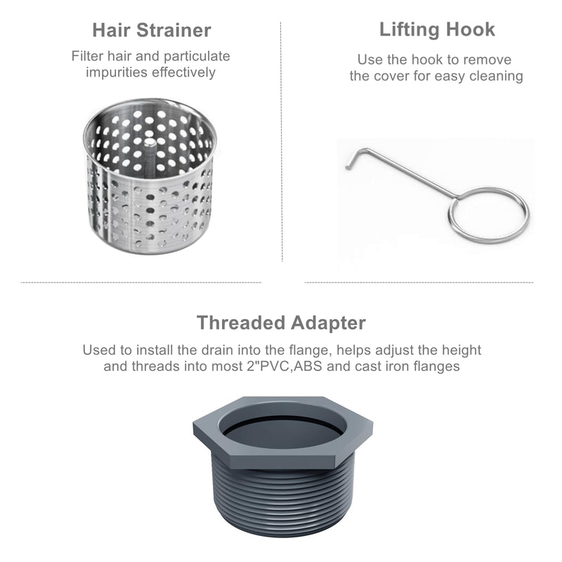 Sharpeye 4 Inch Square Shower Drain with Removable Tile Insert Grate, Brushed 304 Stainless Steel Square Shower Floor Drain, Includes Hair Strainer, CUPC Certified Brushed Stainless Steel