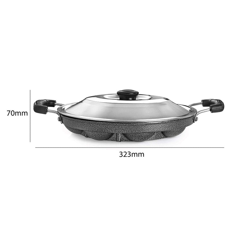 TOSAA 12 Cavity Appam Patra Side Handle with Lid, 23 cm, Black