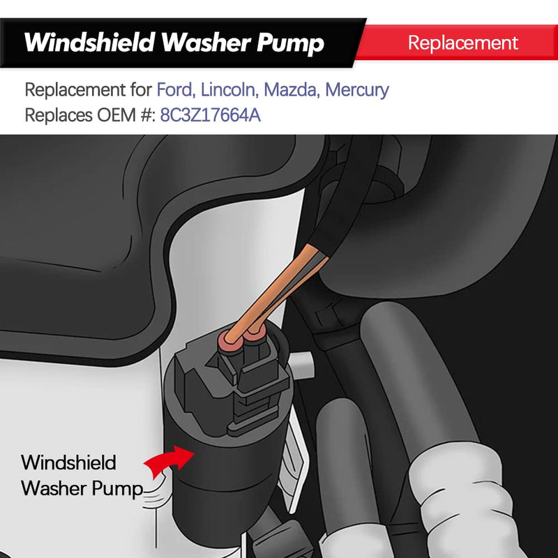 Windshield Washer Pump w/Grommet Replacement for Ford E150 E250 E350 E450 F150 F250 F350 F450 F550 F650 F750 Replaces OEM WG-318 8C3Z17664A