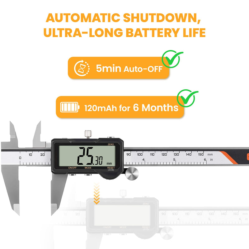 HARDELL Digital Caliper 6 Inch, Rechargeable Calipers with One-Key Reset Setting, Inch/mm/Fraction Conversion, Large LCD Screen Auto-Off, Measuring Tool for DIY, 3D Printing, Jewelry Woodworking Hobby Sliver