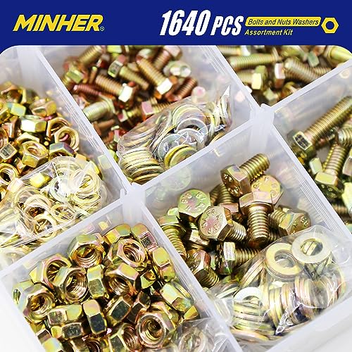 MINHER 1640PCS M4 M5 M6 Bolts and Nuts Assortment Kit Grade 8.8 Alloy Steel Hex Screws Nuts & Washers,Includes 15 Regular Sizes (Large Box) M4, M5, M6 (1640PCS)