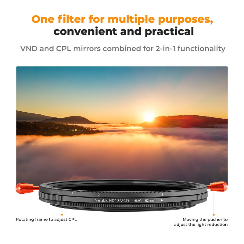 K&F Concept 72mm Variable ND2-32 (1-5 Stops) & Circular Polarizing Lens Filter in 1 Adjustable Neutral Density Polarizer Filter with 18 Multi-Layer Coatings for Camera Lens (K-Series)