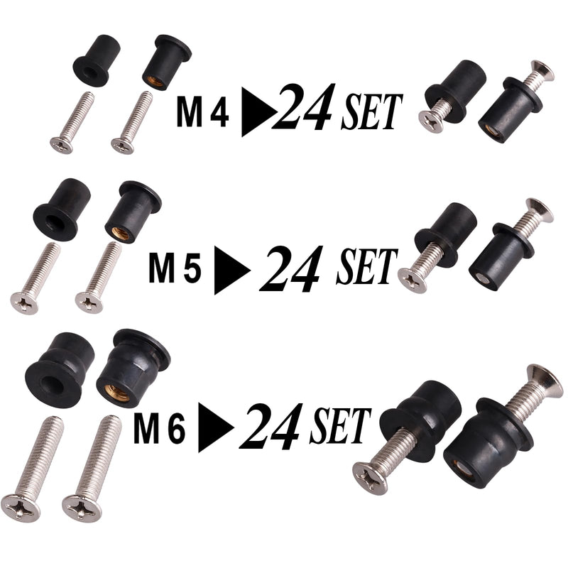 WEDAMER 72 Pairs M4 M5 M6 Neoprene Well Nuts with Stainless Steel Screw M5 Rubber Well Nuts Kayak Brass Copper Bolts Well Nut Kit for Kayak Motorcycle Boat Marine Windscreen Accessories (M4 M5 M6) M4/M5/M6 Each 24 Pairs