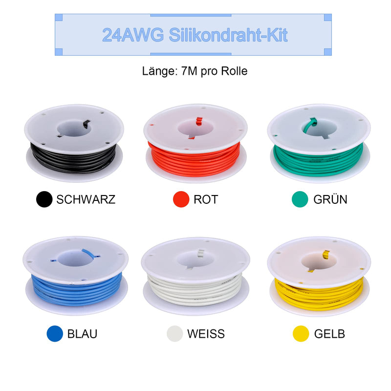 24 AWG Electrical Wire Set 24 Gauge Silicone Electrical Wire Tinned Copper Cable 6 Colors 7 Meters per Electrical Wire Hook Wire Flexible and Soft for DIY 24AWG-7M