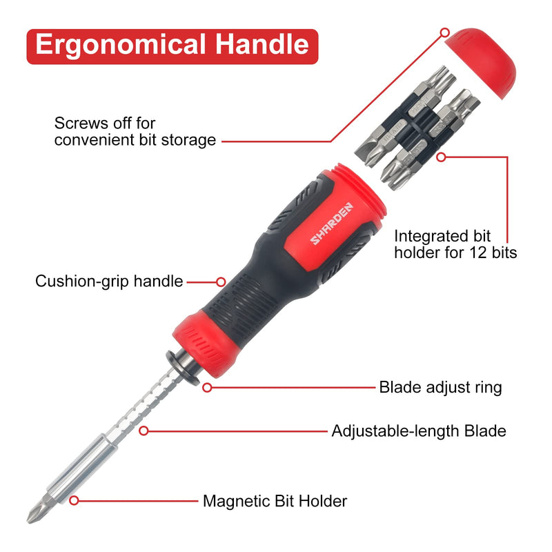 SHARDEN Multi Screwdriver 13-in-1 Screw Driver Adjustable Screwdriver Set Multitool All in One with Torx Security, Flat Head, Phillips, Hex, Square and 1/4 Nut Driver Multibit Red