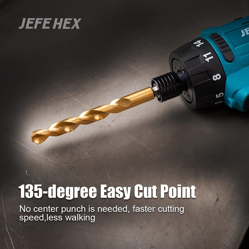 JEFE HEX 1/4" HSS Twist Titanium Drill Bits, Hex Shank for Quick Change, 135 Degree Easy Cut Split Point Drill Bit for Steel, Copper, Aluminum, Zinc Alloy, Wood, and Plastics (Pack of 6). 1/4" (6 pcs)