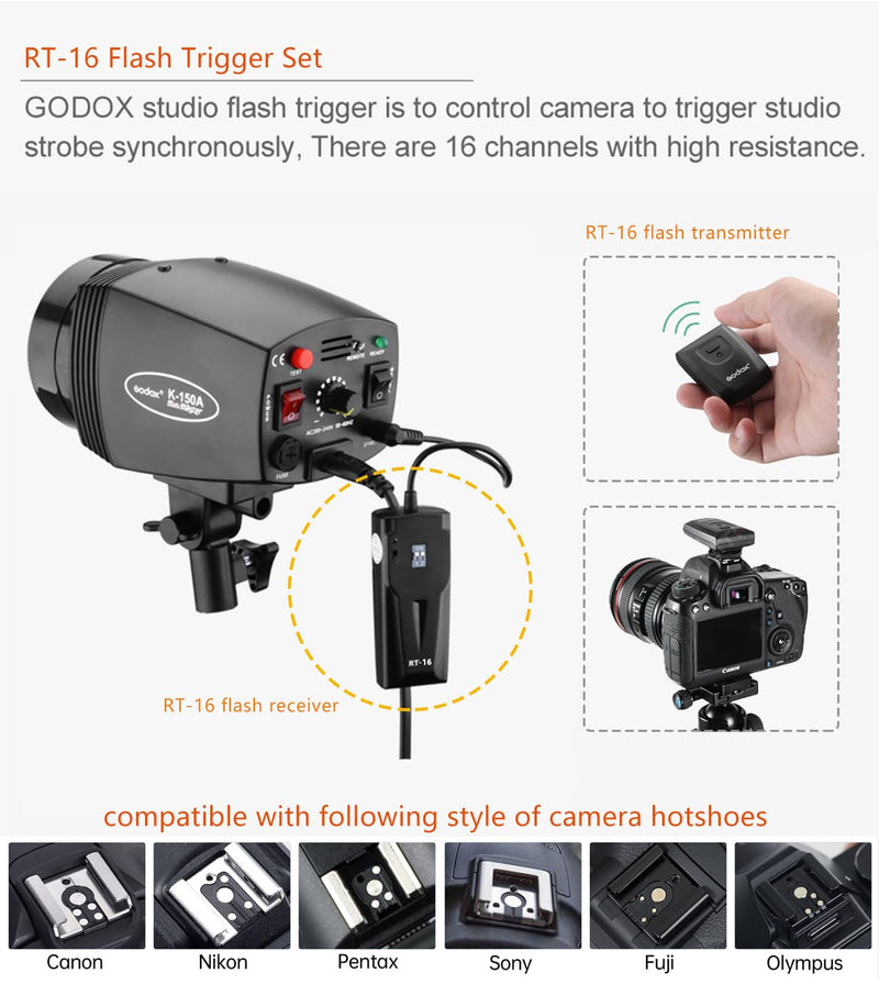 GODOX RT-16 Wireless Flash Trigger Set for Monolight Studio Strobe Flash, Basic Universal 433MHz 16 Channels 1 Transmitter 1 Receiver, Compatible with Canon Nikon Sony Fujifilm Olympus Pentax Camera RT-16 kit